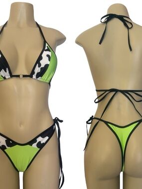 Neon Green Cow Trim Triangle Bikini - Women Swim